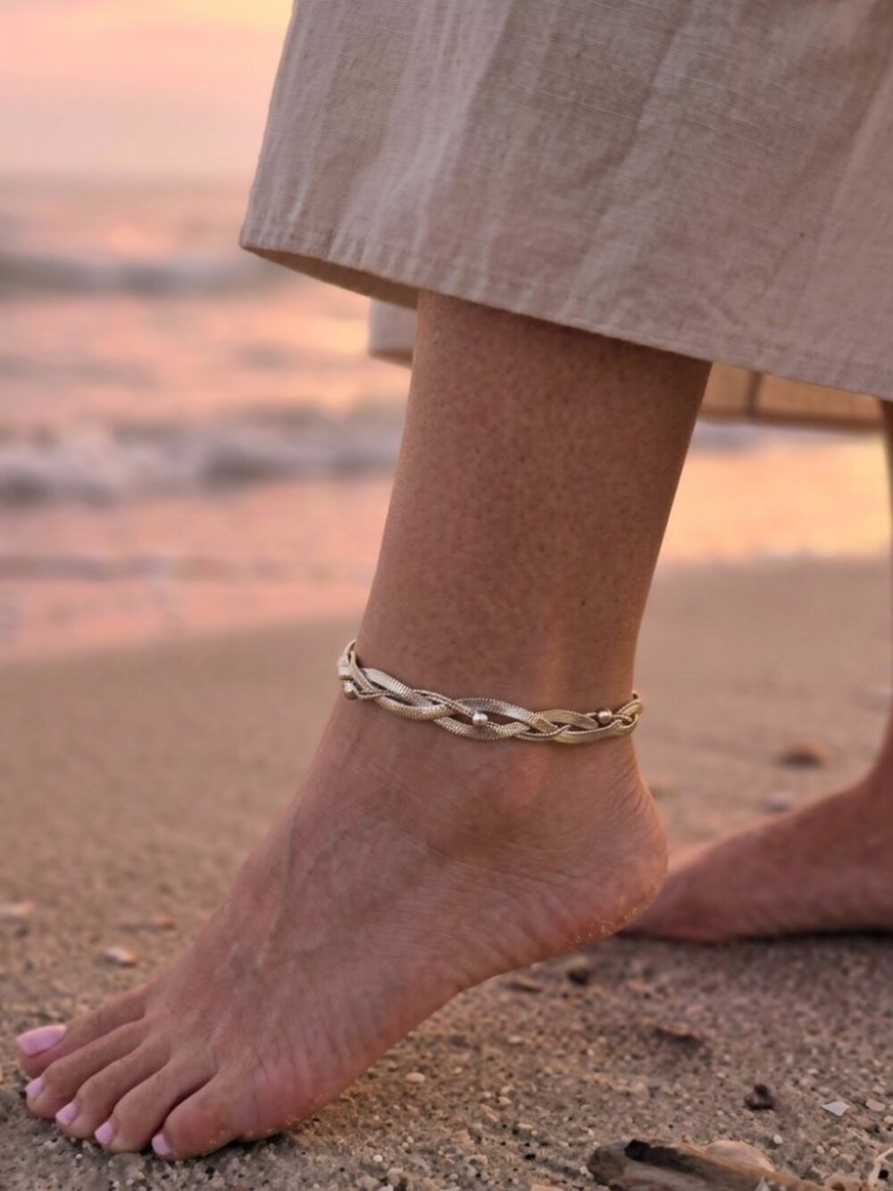 Vintage Gold Braided Herringbone Anklet Chevron Chain Anklet with Beads